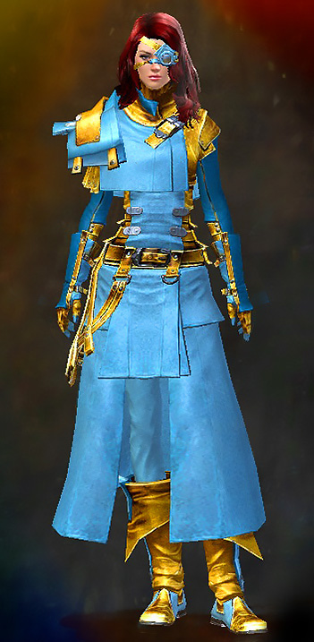 Female Crafted - Leather Guild Wars 2 Human Medium Female Crafted Armor Set - Dyed Blue & Gold - Leather
