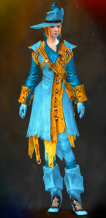 Female - Privateer Guild Wars 2 Human Medium Female Armor Set - Dyed Blue & Gold - Privateer