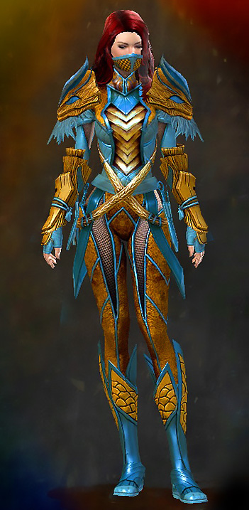 Female Gem Store - Strider's Guild Wars 2 Human Medium Female Gem Armor Set - Dyed Blue & Gold - Strider's