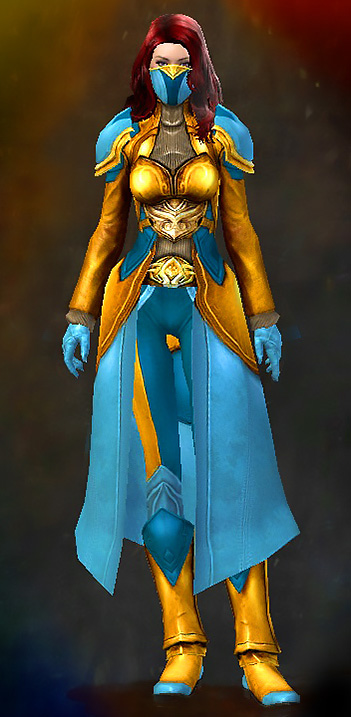 Female - Swindler Guild Wars 2 Human Medium Female Armor Set - Dyed Blue & Gold - Swindler