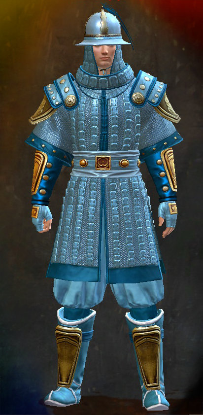Male End of Dragons - Antique Guild Wars 2 Human Medium Male End of Dragons Armor Set - Dyed Blue & Gold - Antique