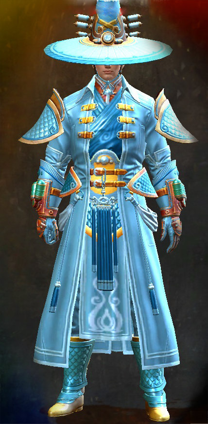 Male End of Dragons - Jade Tech Guild Wars 2 Human Medium Male End of Dragons Armor Set - Dyed Blue & Gold - Jade Tech