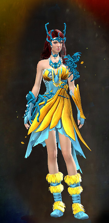 Female - Nature's Oath Guild Wars 2 Human Female Outfit - Dyed Blue & Gold - Nature's Oath